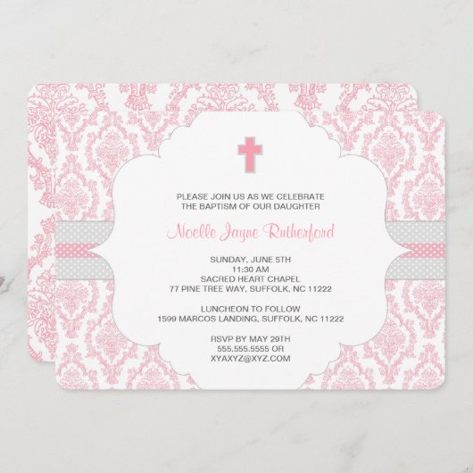 女の子のためのバプテスマまたは第一聖餐式招待状/ピンク 招待状 (正面/裏面)