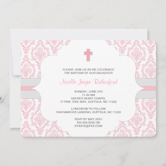 女の子のためのバプテスマまたは第一聖餐式招待状/ピンク 招待状 (正面)