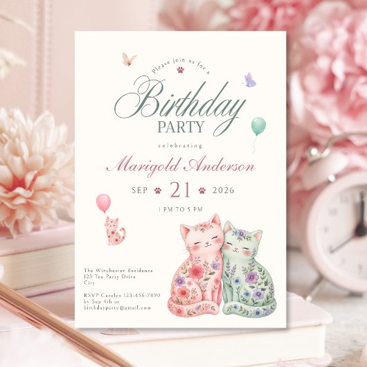 女の子のためのパステルフラワー猫の誕生日招待状 招待状