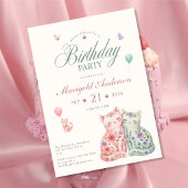 女の子のためのパステルフラワー猫の誕生日招待状 招待状