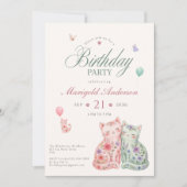 女の子のためのパステルフラワー猫の誕生日招待状 招待状 (正面)