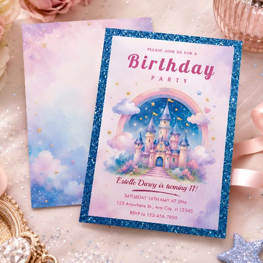 女の子のためのパステルレインボーキャッスル誕生日パーティー 招待状