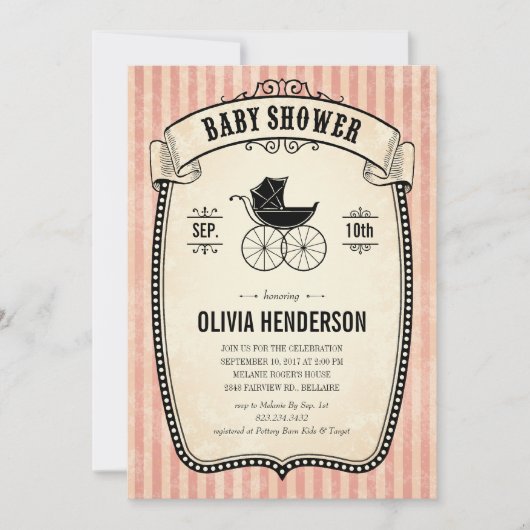 女の子のためのビクトリアンなヴィンテージのベビーシャワー招待状 招待状 (正面)