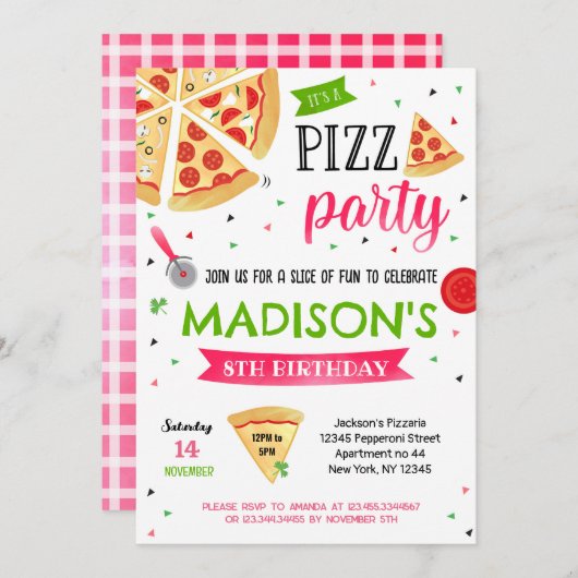 女の子のためのピザパーティー誕生日招待状 招待状 (正面/裏面)