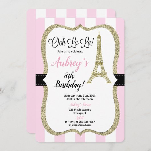 女の子のためのピンクおよび金ゴールドのパリの誕生日の招待 招待状 (正面/裏面)