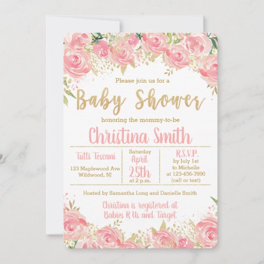 女の子のためのピンクおよび金ゴールドのベビーシャワー招待状 招待状 (正面)