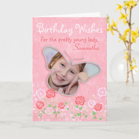 女の子のためのピンクのかわいい蝶のフォトフレームの贈り物 カード (黄色い花)