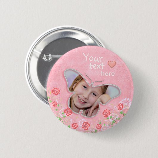 女の子のためのピンクのかわいい蝶写真フレームのギフト 缶バッジ (正面&裏面)