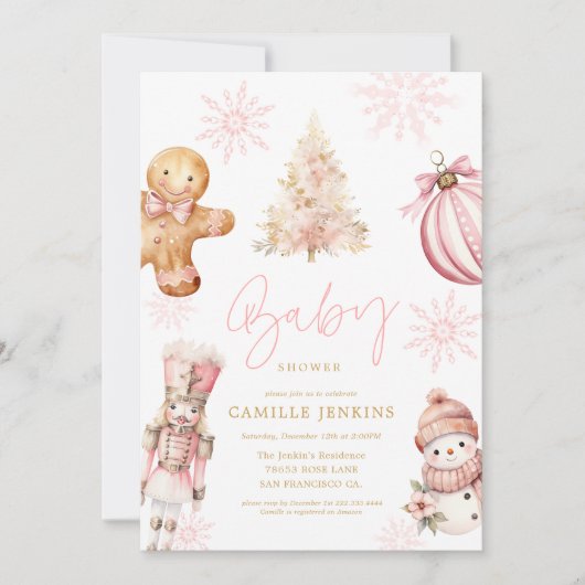 女の子のためのピンクのクリスマスベビーシャワー招待状 招待状 (正面)