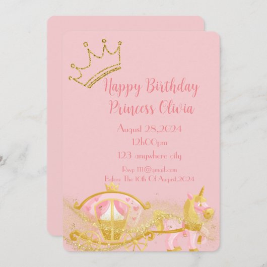 女の子のためのピンクのプリンセス誕生日の招待 セーブザデート (正面/裏面)