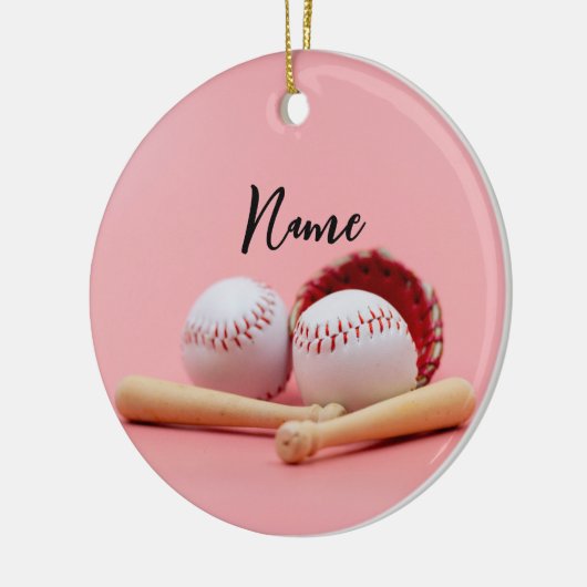 女の子のためのピンクのボールと野球のクリスマス セラミックオーナメント (左)
