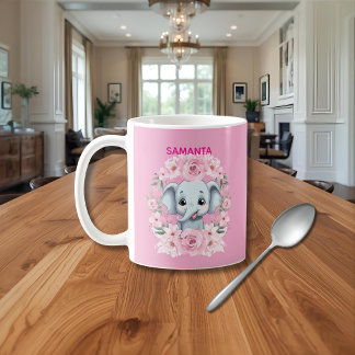 女の子のためのピンクの象の名入れマグカップ コーヒーマグカップ