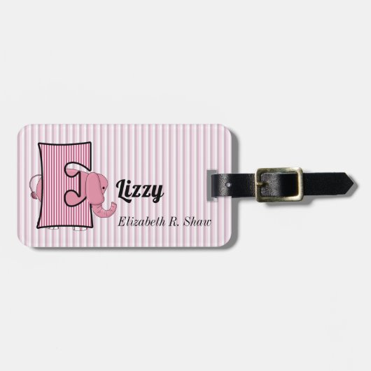 女の子のためのピンクの象の手紙E ラゲッジタグ (正面横)