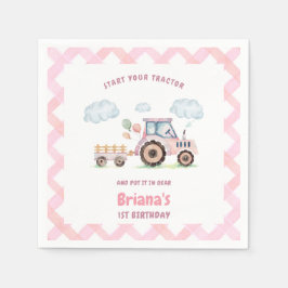 女の子のためのピンクの農場用トラクターの誕生日グッズ 誕生日おめでとう（年齢自由） スタンダードカクテルナプキン