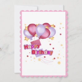女の子のためのピンクの風船の誕生日カード - かわいい&楽しい 招待状