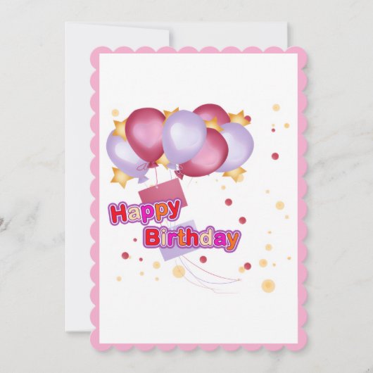 女の子のためのピンクの風船の誕生日カード - かわいい＆楽しい 招待状 (正面)