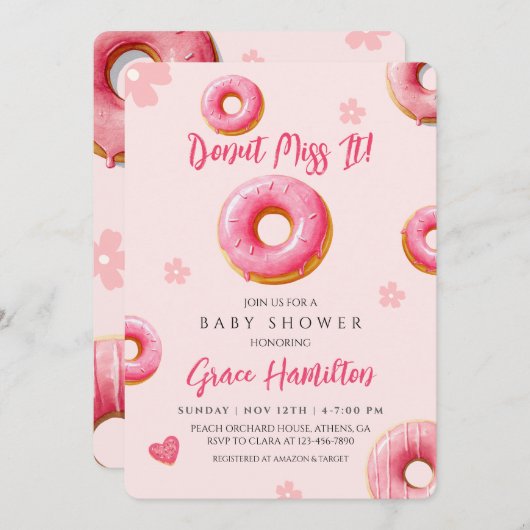 女の子のためのピンクドーナツ赤ちゃんシャワー招待状 招待状 (正面/裏面)