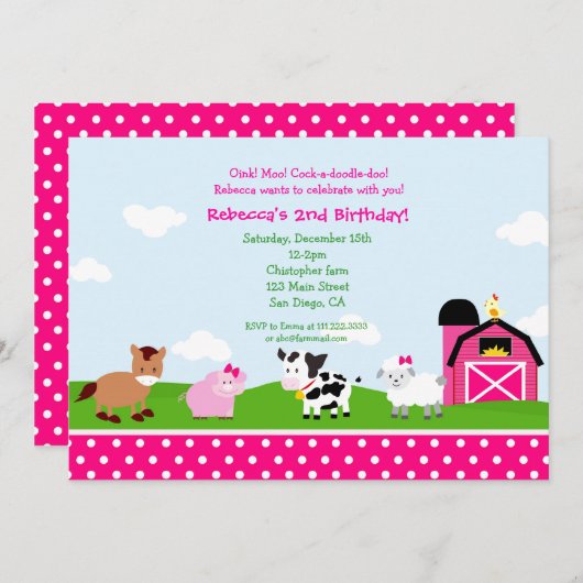 女の子のためのファーム納屋周囲の庭誕生日招待状 招待状 (正面/裏面)