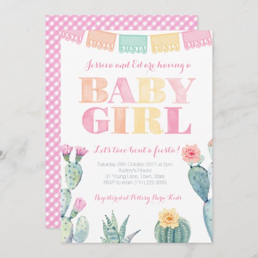 女の子のためのフェスタ・メキシコの赤ちゃんシャワーのタコ 招待状 (正面/裏面)