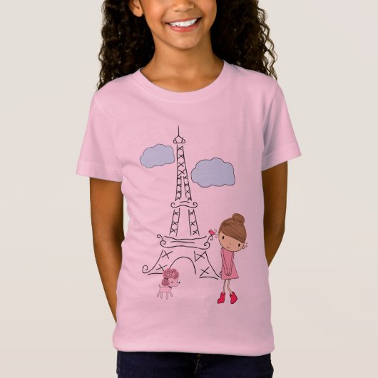女の子のためのプードルのワイシャツが付いているパリの小さな女の子 Tシャツ (正面)