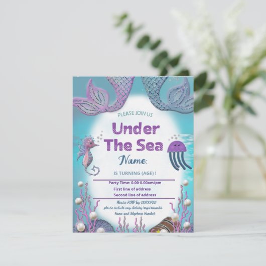 女の子のためのマーメイド誕生日パーティーの招待は泳ぐ 招待状 (スタンド正面)