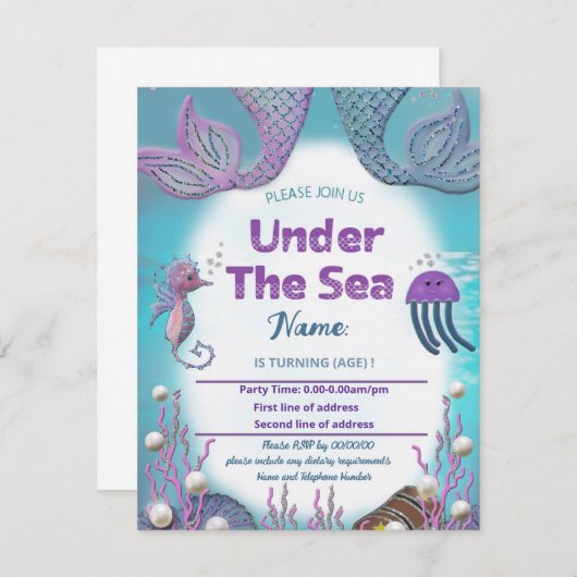 女の子のためのマーメイド誕生日パーティーの招待は泳ぐ 招待状 (正面/裏面)