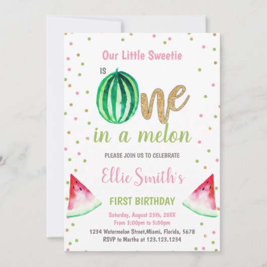 女の子のためのメロンの夏のパーティーカードに1枚 招待状 (正面)