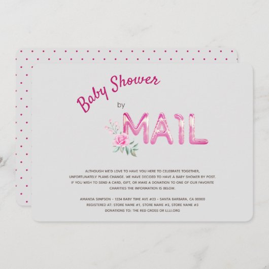 女の子のためのメールによるピンクの赤ちゃんシャワー 招待状 (正面/裏面)