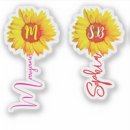 （女の子のためのモノグラムひまわり）手書き名 シール (正面)
