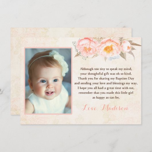 女の子のためのモモのシャクヤクの洗礼のサンキューカード サンキューカード (正面/裏面)