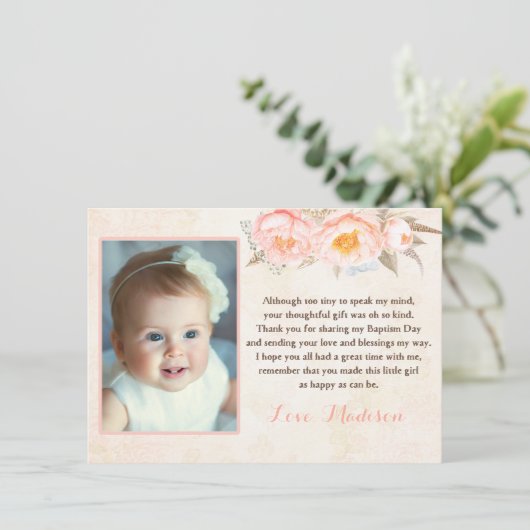 女の子のためのモモのシャクヤクの洗礼のサンキューカード サンキューカード (スタンド正面)