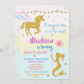 女の子のためのユニコーンと人魚の誕生日の招待 招待状 (正面/裏面)