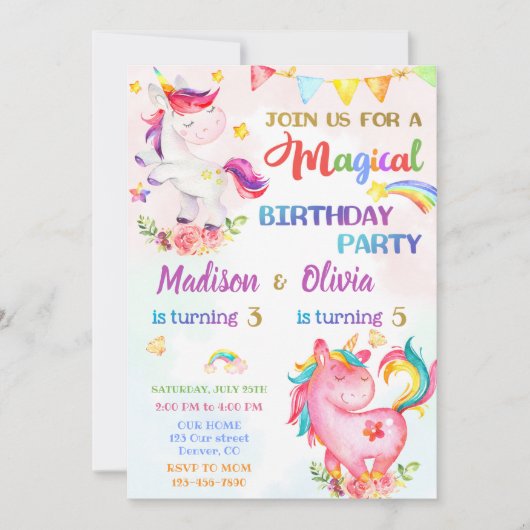 女の子のためのユニコーンの誕生日の招待魔法パーティー 招待状 (正面)
