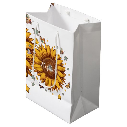 女の子のためのレトロひまわりギフトの名前をカスタムする ミディアムペーパーバッグ (正面アングル)