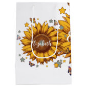 女の子のためのレトロひまわりギフトの名前をカスタムする ミディアムペーパーバッグ (裏面)