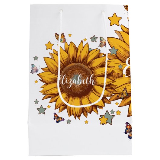 女の子のためのレトロひまわりギフトの名前をカスタムする ミディアムペーパーバッグ (裏面)