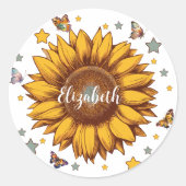 女の子のためのレトロひまわりギフトの名前をカスタムする ラウンドシール (正面)