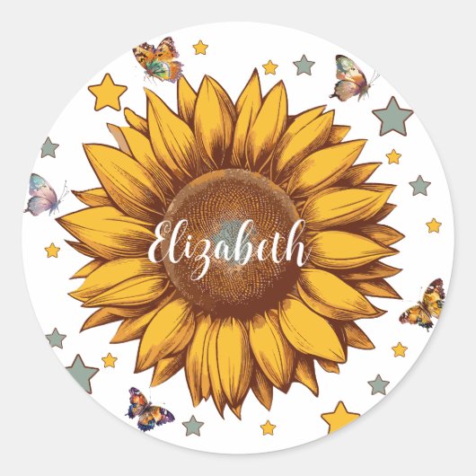 女の子のためのレトロひまわりギフトの名前をカスタムする ラウンドシール (正面)