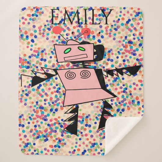 女の子のためのロボットのシェルパ毛布。名前をカスタムする。 シェルパブランケット (正面)