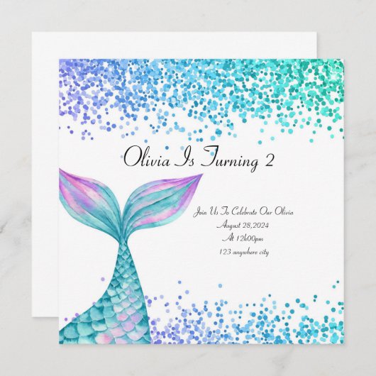 女の子のための人魚の誕生日の招待 セーブザデート (正面/裏面)