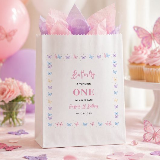 女の子のための可愛いピンクと紫の蝶の1歳の誕生日 フェイバーバッグ