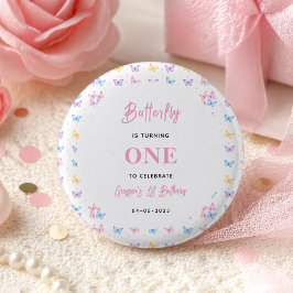 女の子のための可愛いピンクのパープルの蝶の1歳の誕生日 缶バッジ