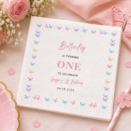 女の子のための可愛いピンクパープルの蝶の1歳の誕生日 スタンダードカクテルナプキン