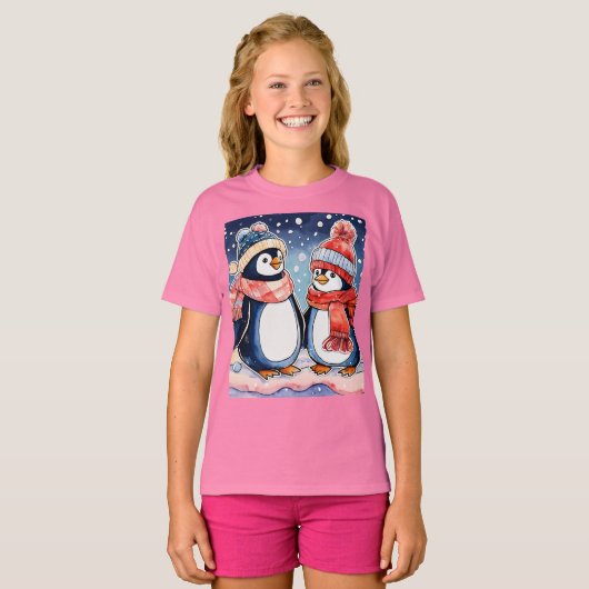 女の子のための可愛い漫画のペンギンTシャツ Tシャツ (正面フル)