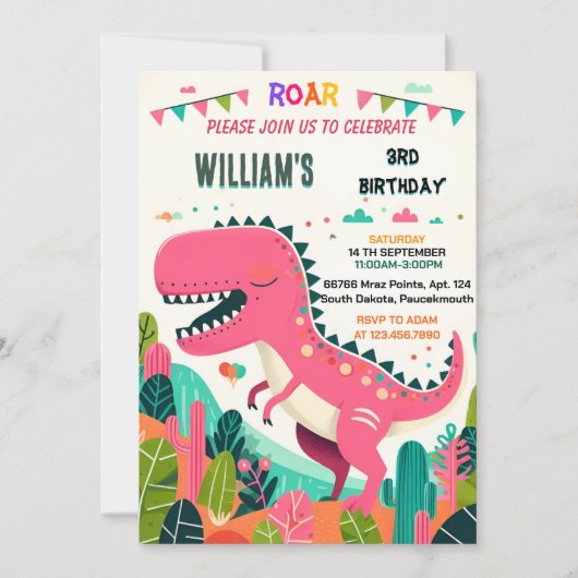 女の子のための可愛い男の子T三3 3レックス3日 招待状 (正面)
