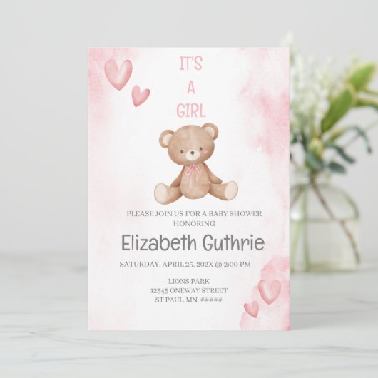 女の子のための埃っぽいピンクの赤ちゃんシャワーの招待 招待状 (スタンド正面)