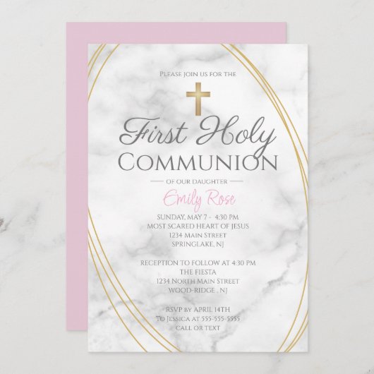 女の子のための大理石の最初の神聖な招待状 招待状 (正面/裏面)
