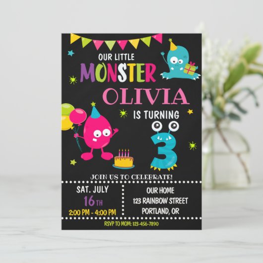 女の子のための小さなモンスターの誕生日の招待 招待状 (スタンド正面)