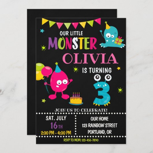 女の子のための小さなモンスターの誕生日の招待 招待状 (正面/裏面)