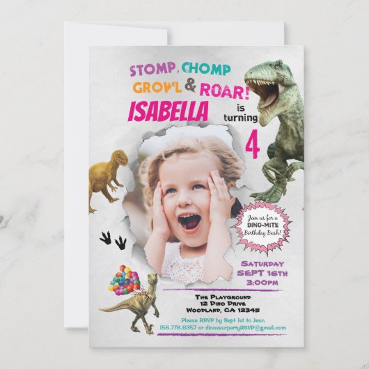 女の子のための恐竜の誕生日の写真の招待 招待状 (正面)